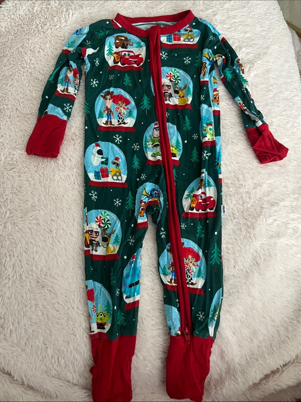 Disney Green Holiday Snow Globe One-Piece Footed Pajamas with Red Trim